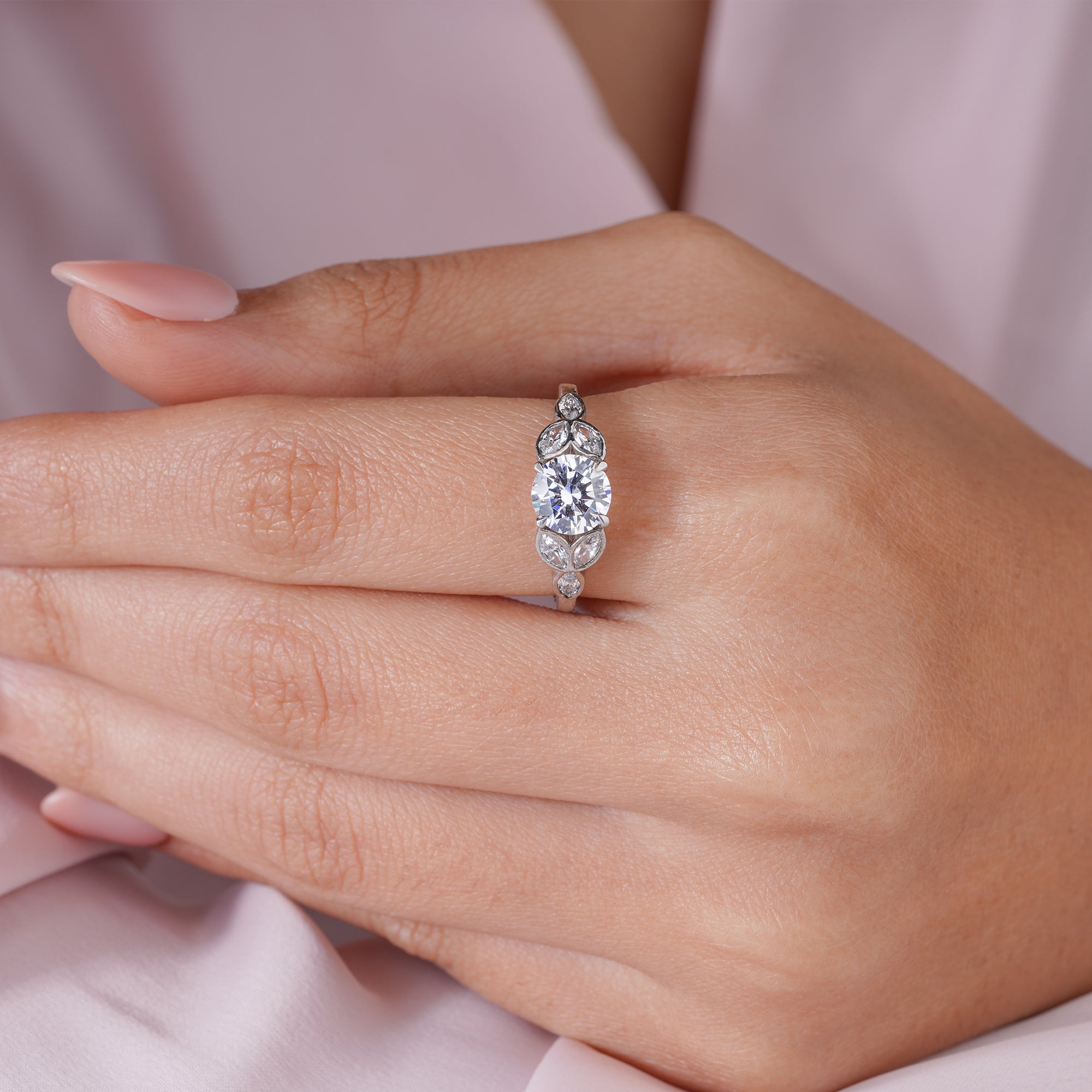 Round Marquise Moissanite Seven Stone Engagement Ring Bridal Jewelry