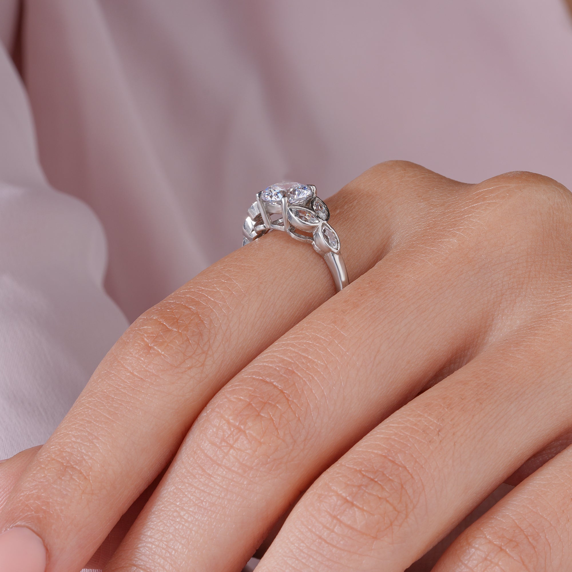 Round Marquise Moissanite Seven Stone Engagement Ring Bridal Jewelry