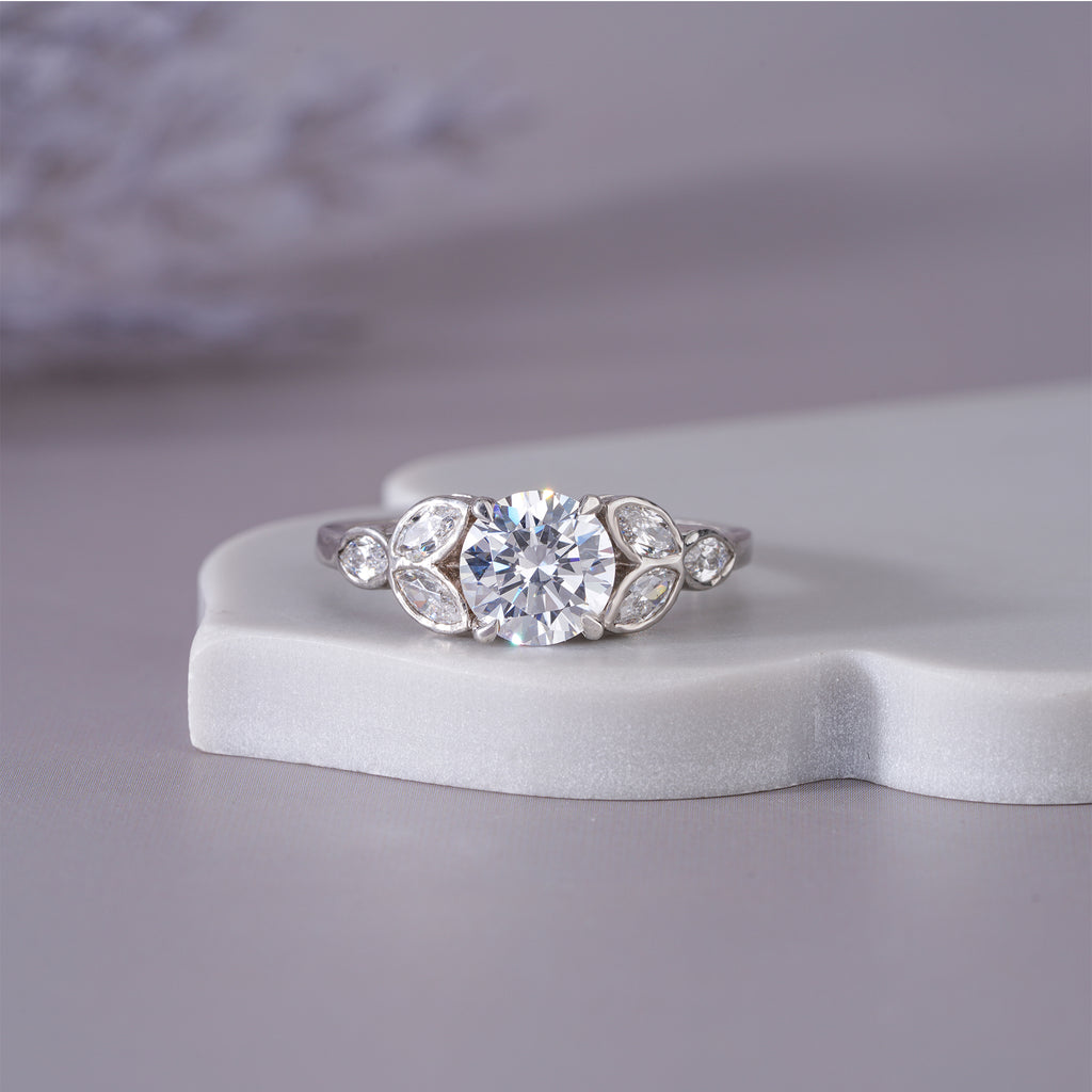 Round Marquise Moissanite Seven Stone Engagement Ring Bridal Jewelry