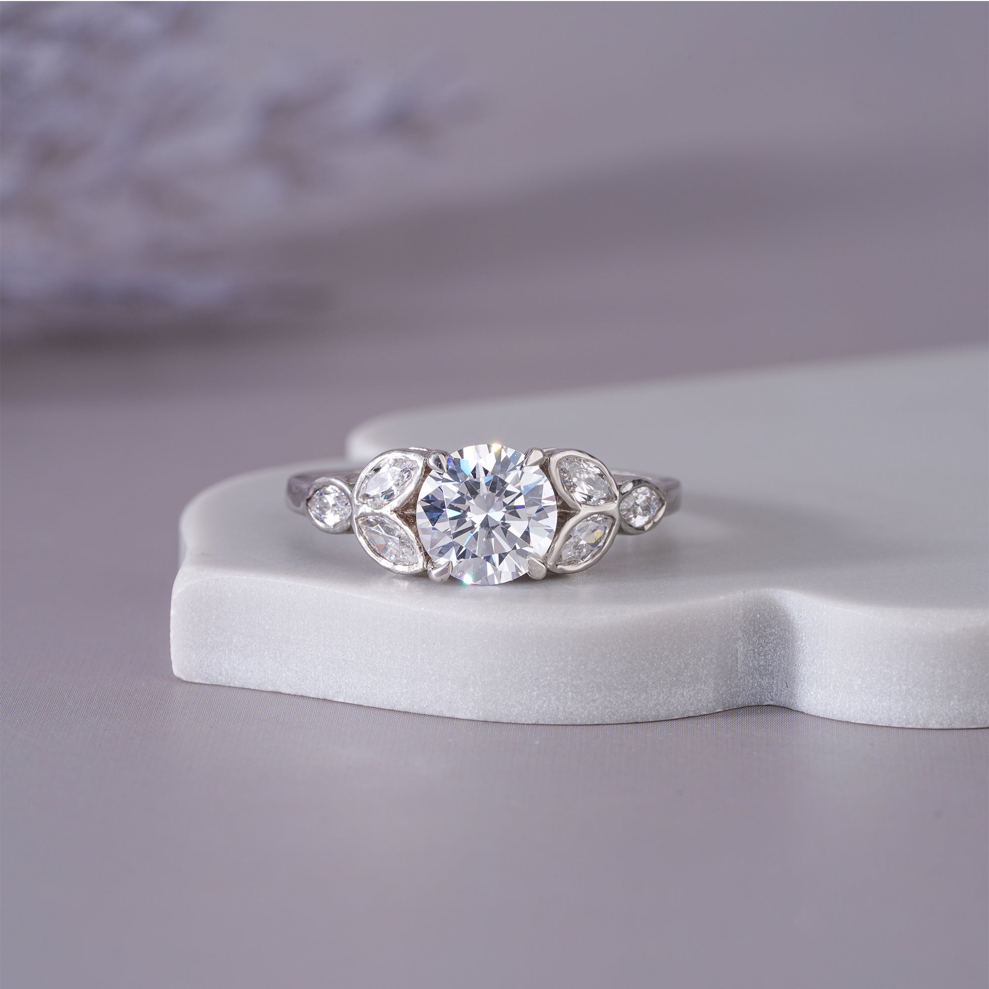 Round Marquise Moissanite Seven Stone Engagement Ring Bridal Jewelry