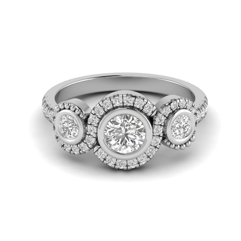 Round Moissanite Halo Three Stone Engagement Ring Anniversary Jewelry