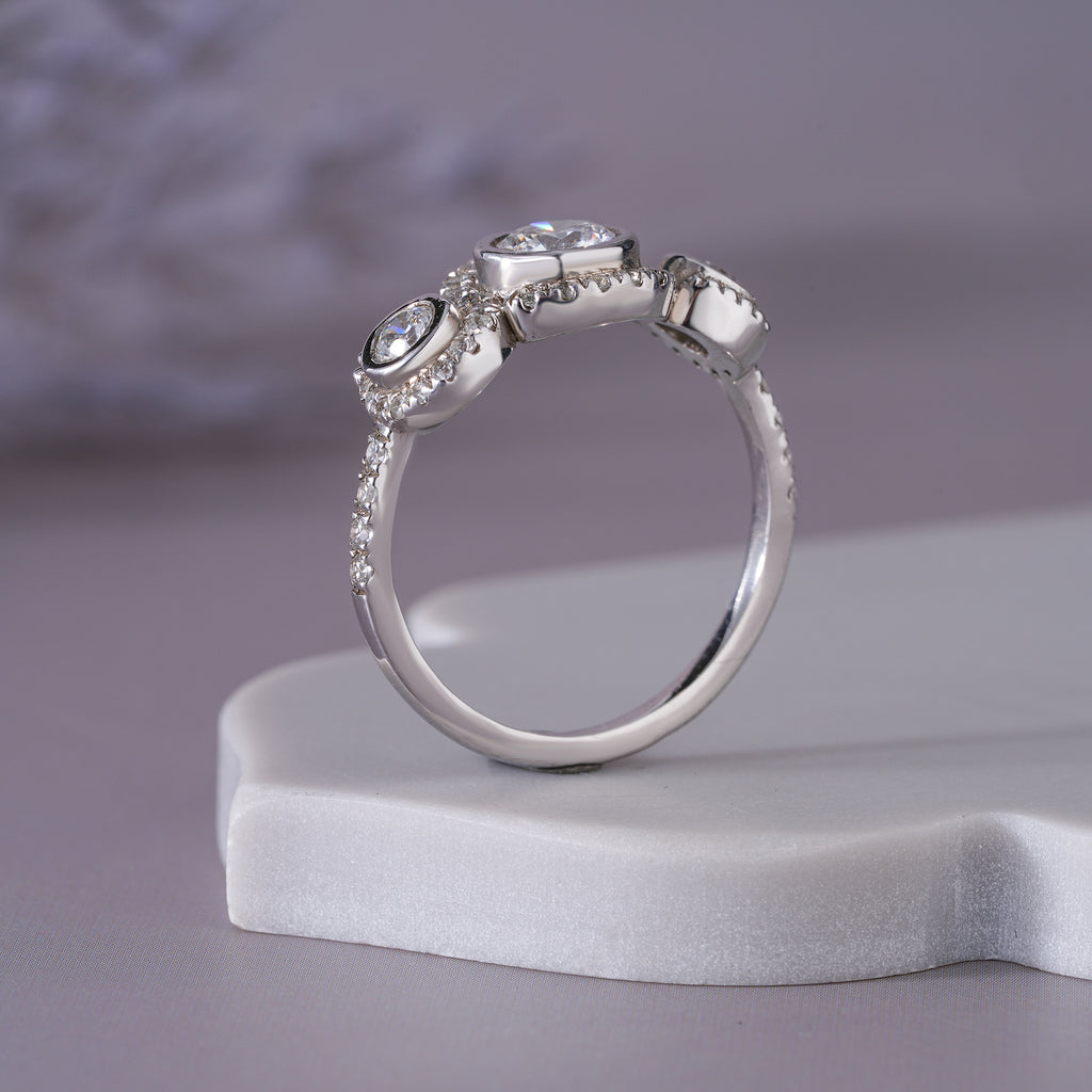 Round Moissanite Halo Three Stone Engagement Ring Anniversary Jewelry