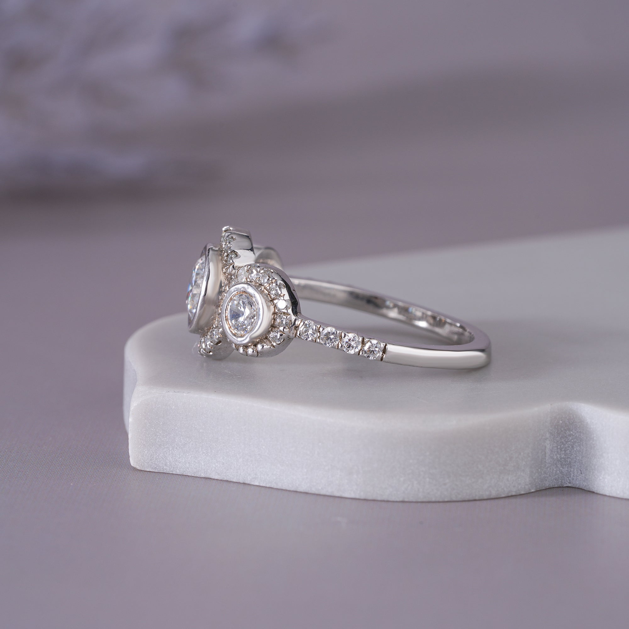Round Moissanite Halo Three Stone Engagement Ring Anniversary Jewelry