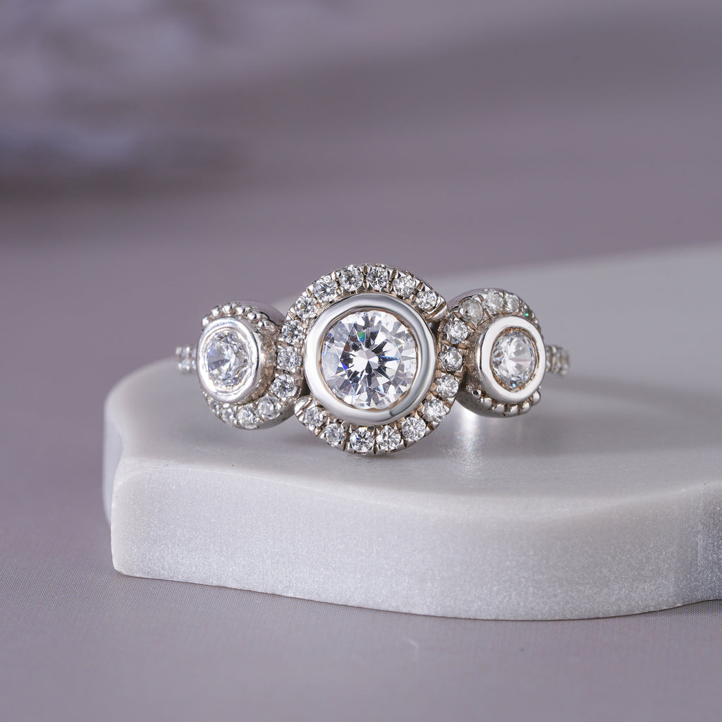 Round Moissanite Halo Three Stone Engagement Ring Anniversary Jewelry