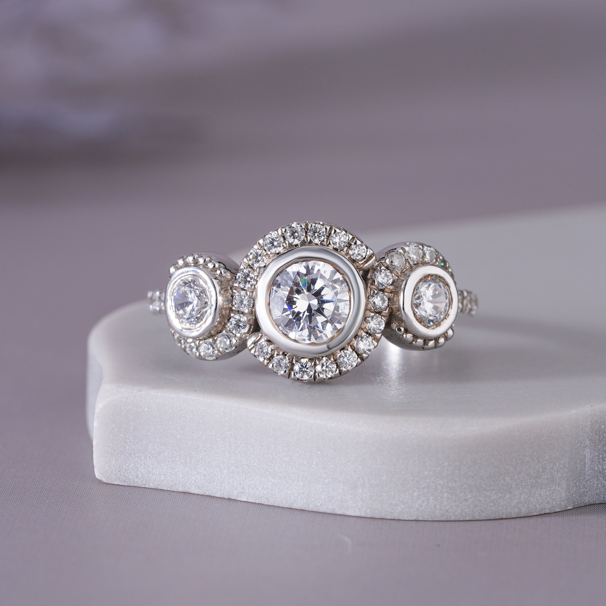 Round Moissanite Halo Three Stone Engagement Ring Anniversary Jewelry