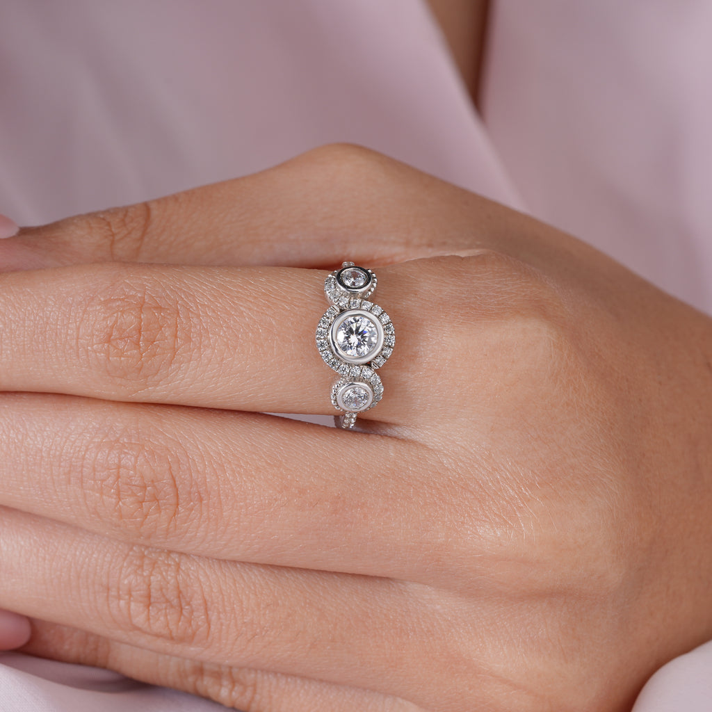 Round Moissanite Halo Three Stone Engagement Ring Anniversary Jewelry