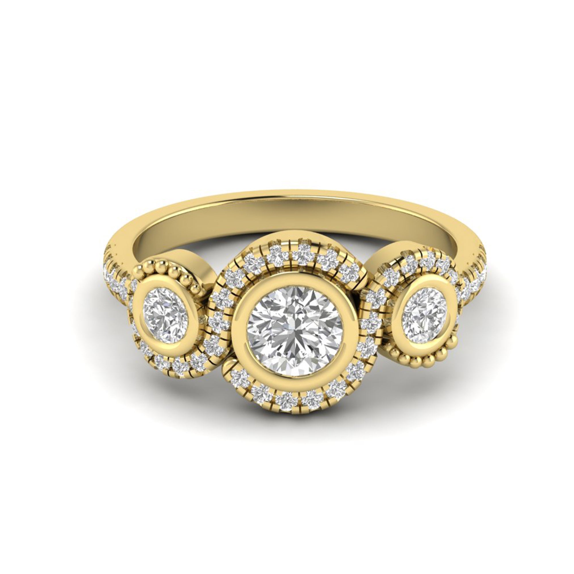 Round Moissanite Halo Three Stone Engagement Ring Anniversary Jewelry