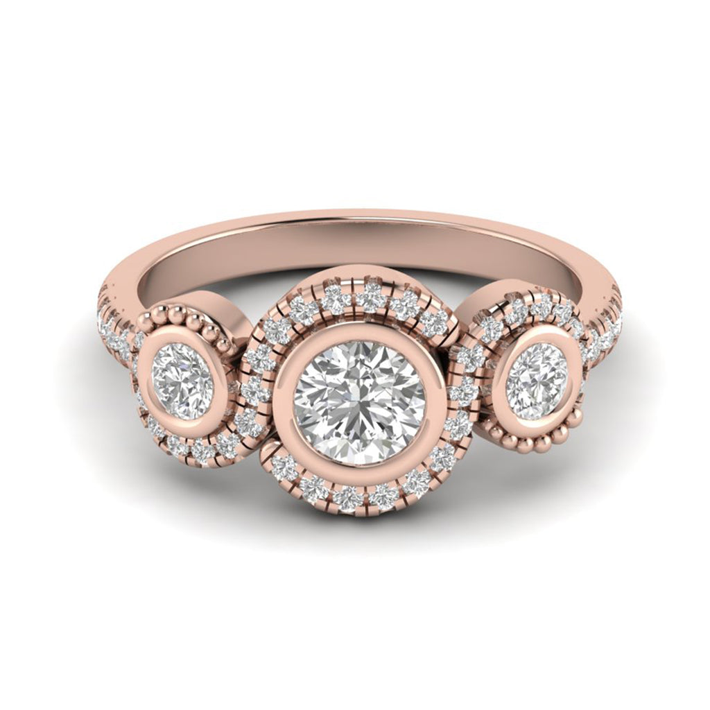 Round Moissanite Halo Three Stone Engagement Ring Anniversary Jewelry