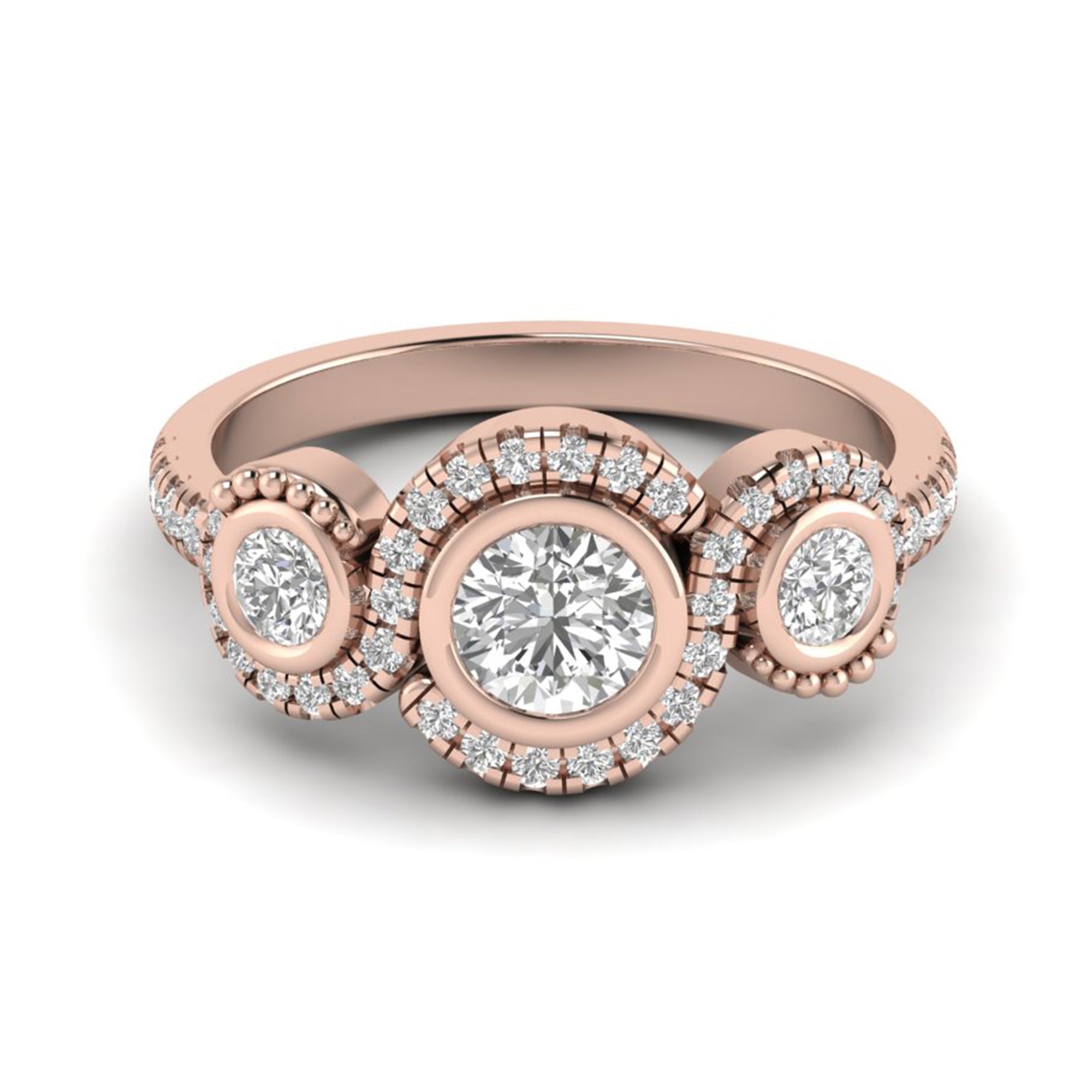 Round Moissanite Halo Three Stone Engagement Ring Anniversary Jewelry