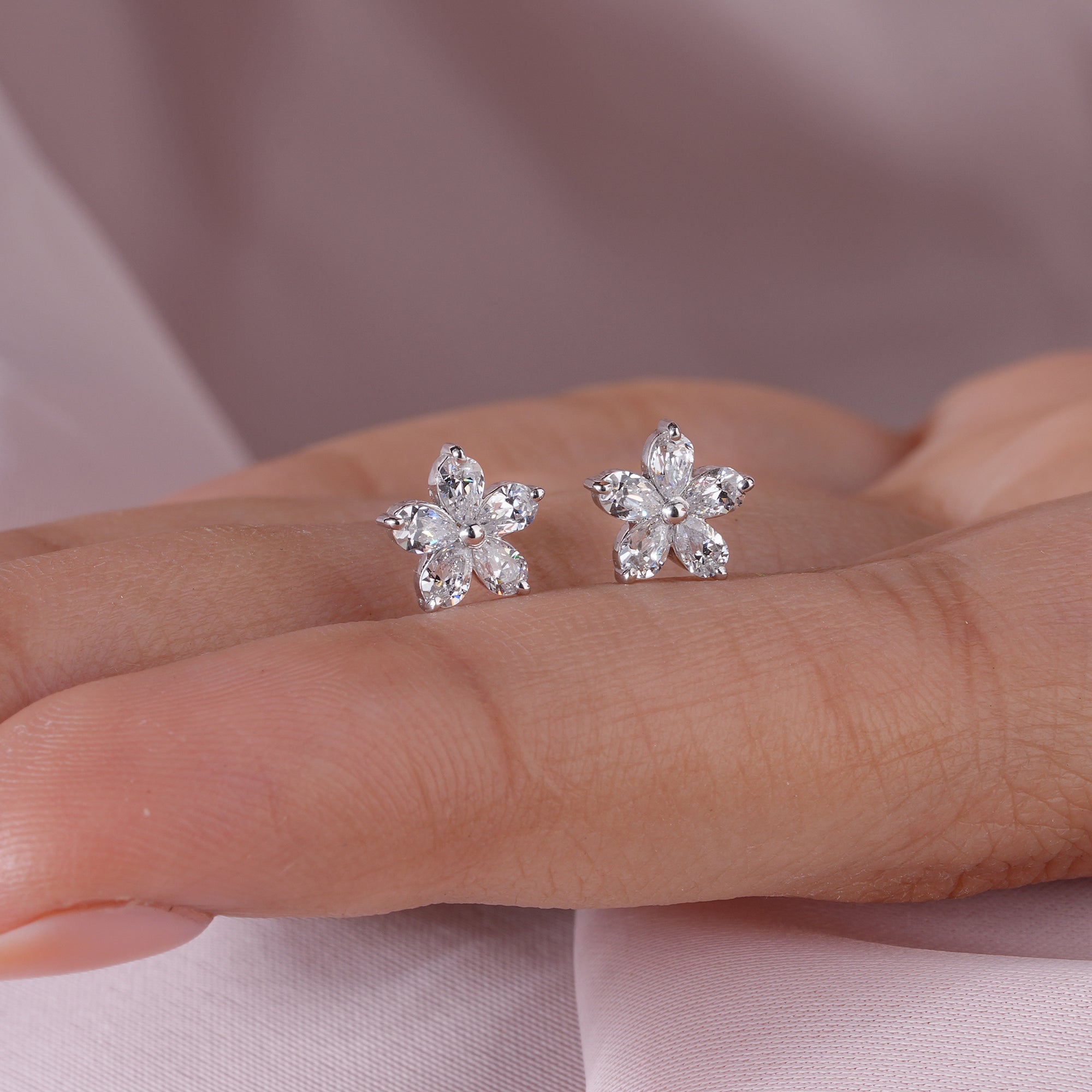 Pear Moissanite Floral Stud Earrings Dainty Wedding Jewelry
