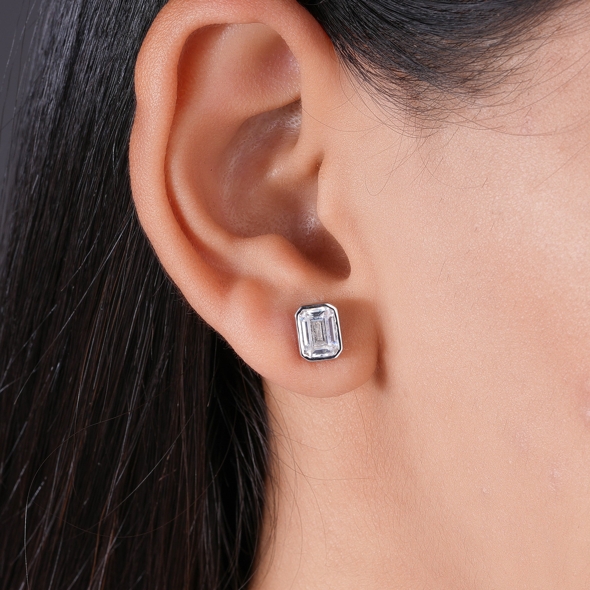 Emerald Moissanite Bezel Stud Earrings Cartilage Wedding Jewelry