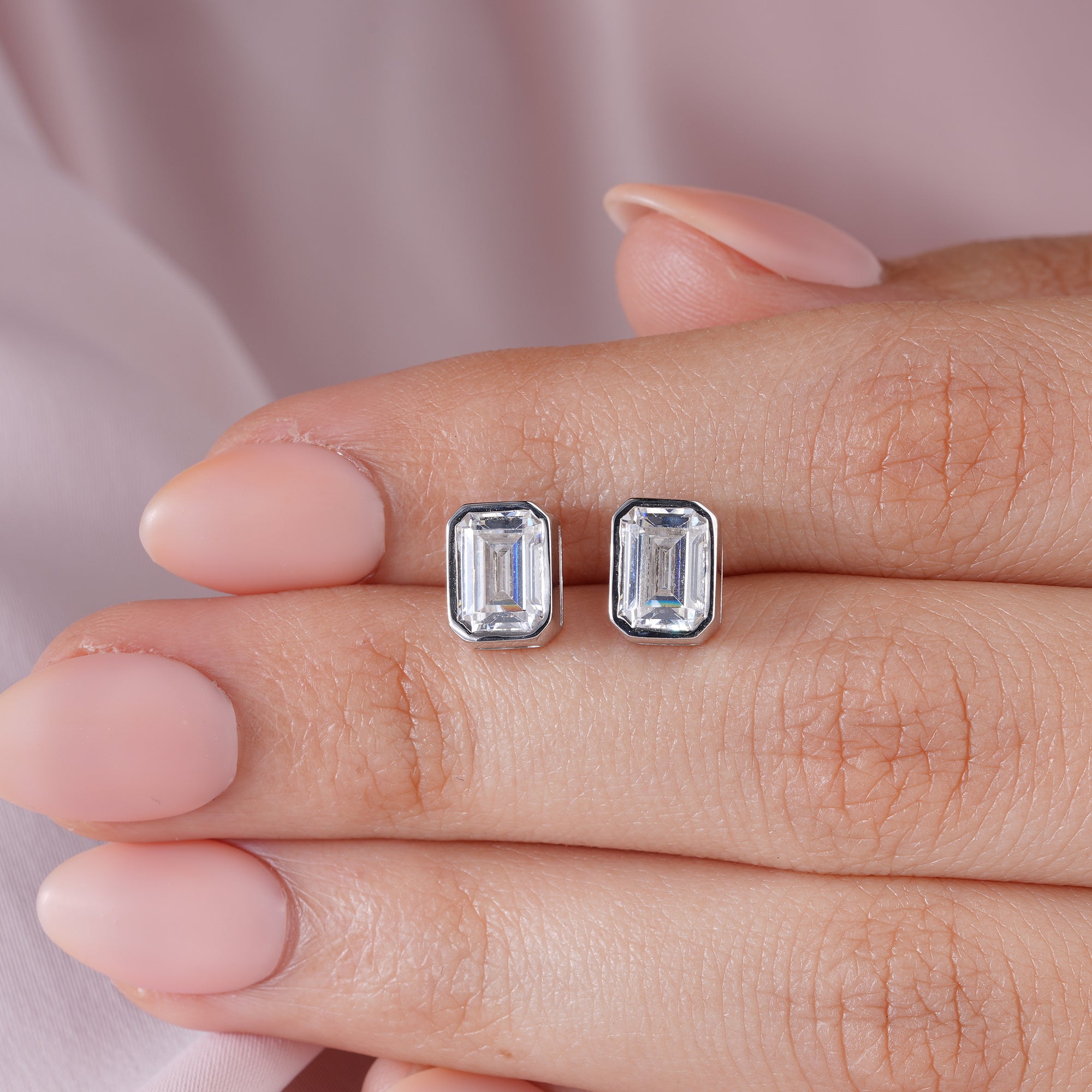 Emerald Moissanite Bezel Stud Earrings Cartilage Wedding Jewelry