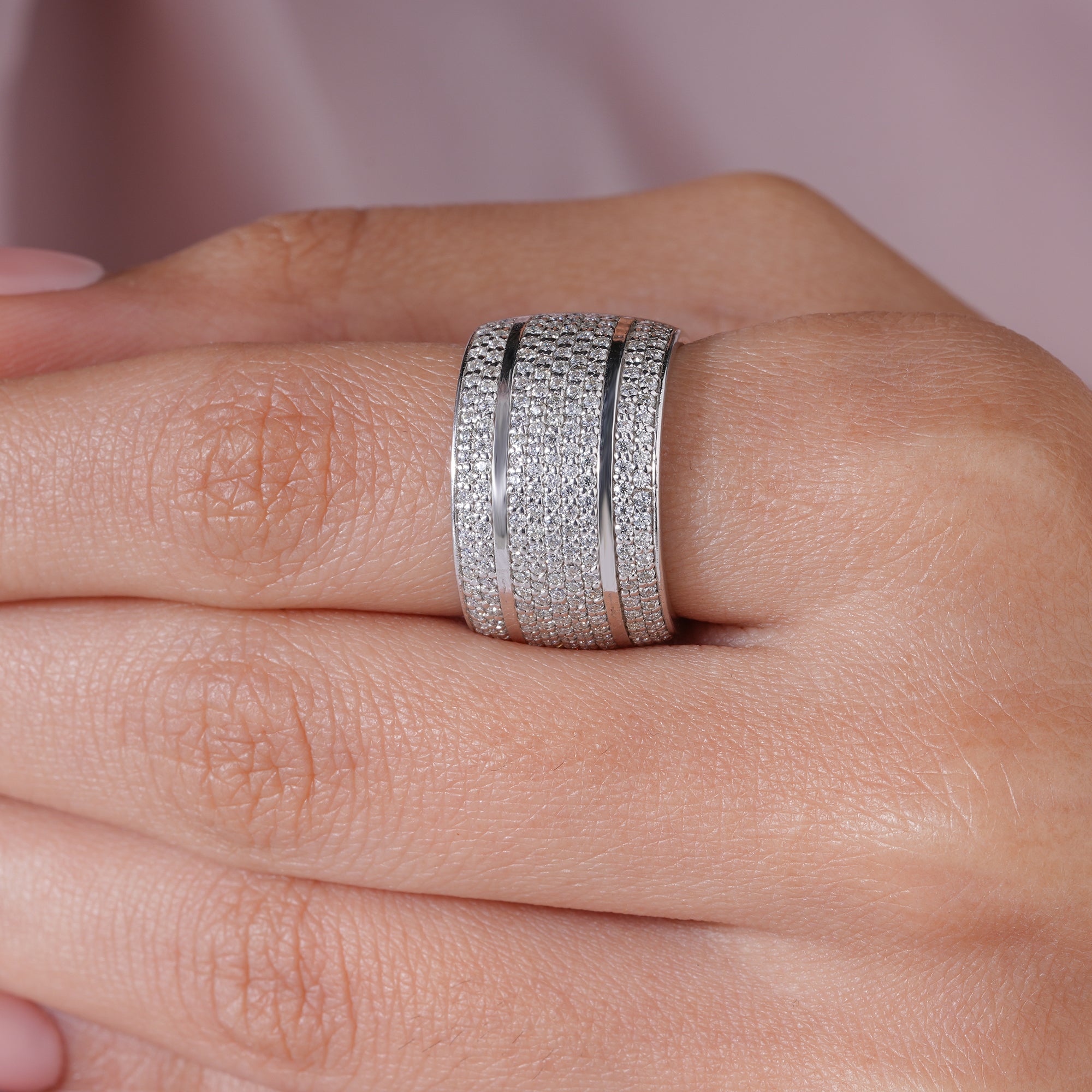 Round Moissanite Pave Wedding Band Unisex Bold Statement Ring