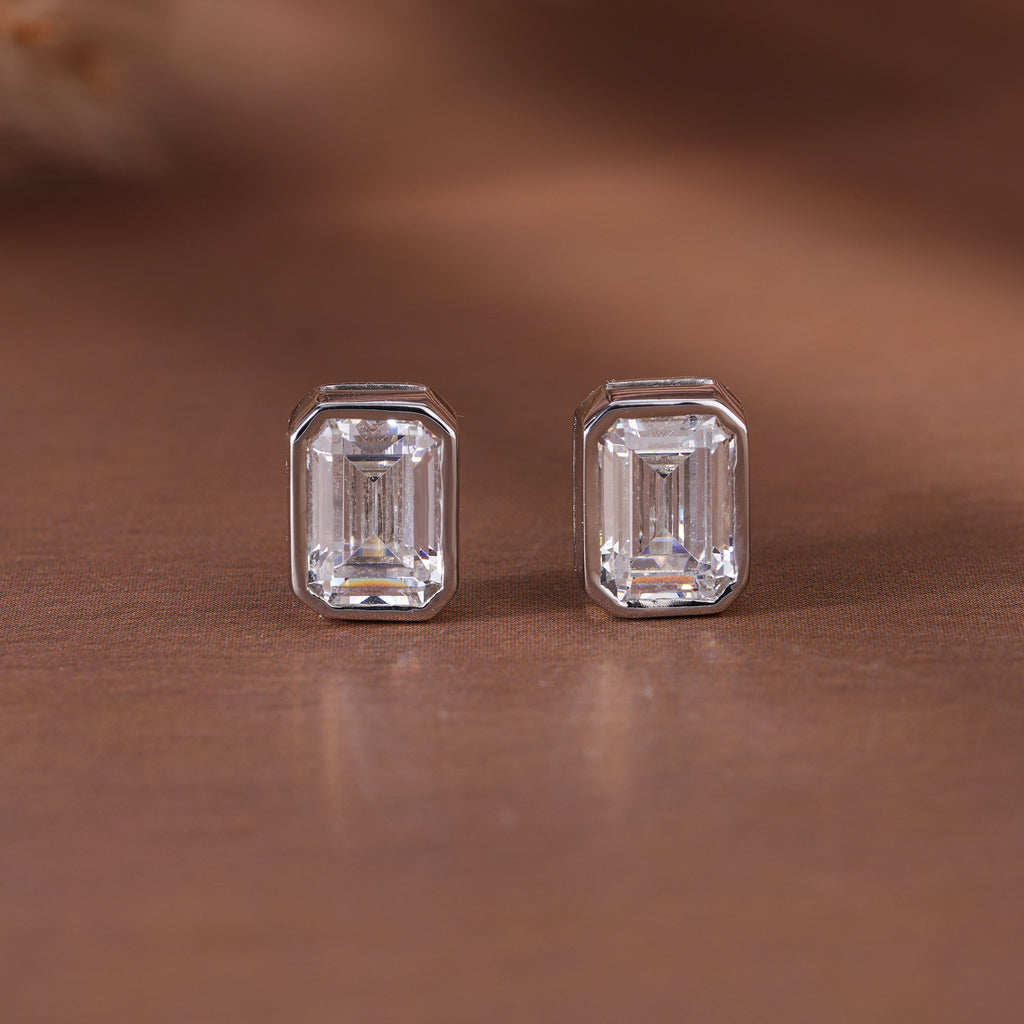 Emerald Moissanite Bezel Stud Earrings Cartilage Wedding Jewelry