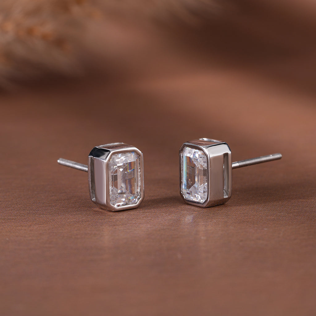 Emerald Moissanite Bezel Stud Earrings Cartilage Wedding Jewelry