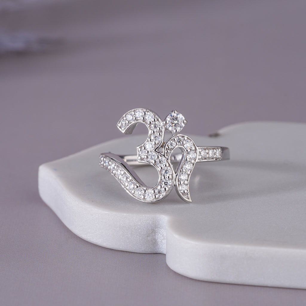 Round Moissanite Om Initial Ring Dainty Personalized Jewelry