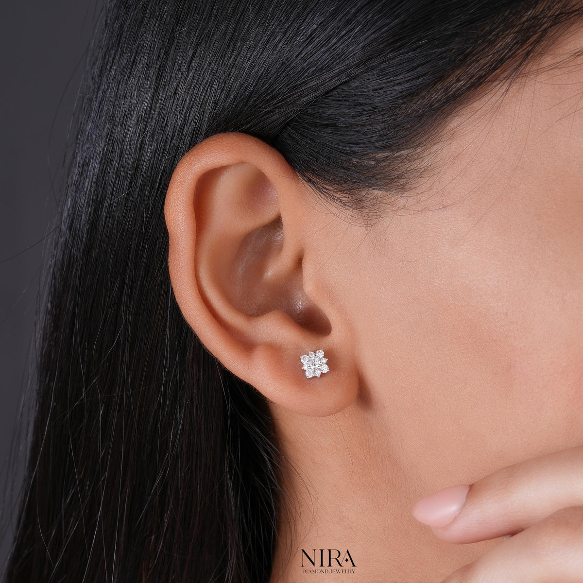 Moissanite Halo Floral Stud Earrings Dainty Wedding Jewelry - Pair Front View | NIRA Diamond Jewelry