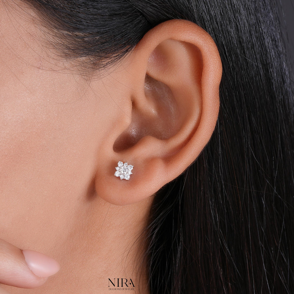 Moissanite Halo Floral Stud Earrings Dainty Wedding Jewelry - Top-Down Macro Shot | NIRA Diamond Jewelry