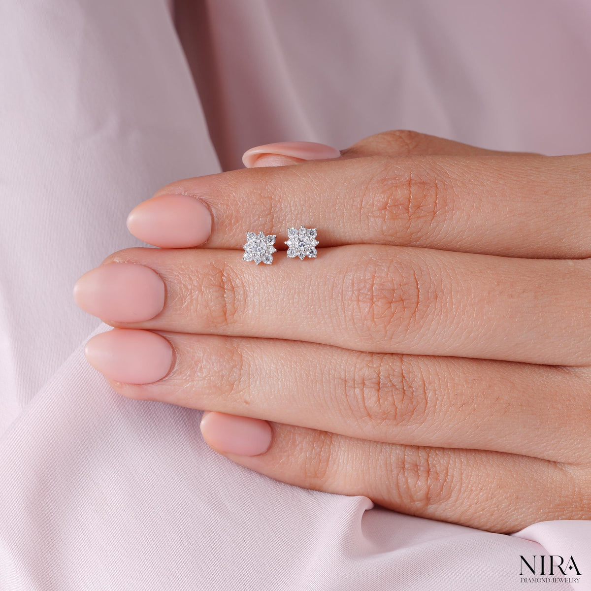 Moissanite Halo Floral Stud Earrings Dainty Wedding Jewelry - Side Profile & Clasp Detail | NIRA Diamond Jewelry