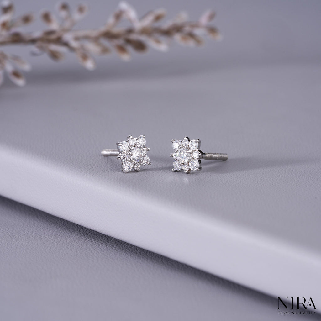 Moissanite Halo Floral Stud Earrings Dainty Wedding Jewelry - Close-Up Prong Setting | NIRA Diamond Jewelry