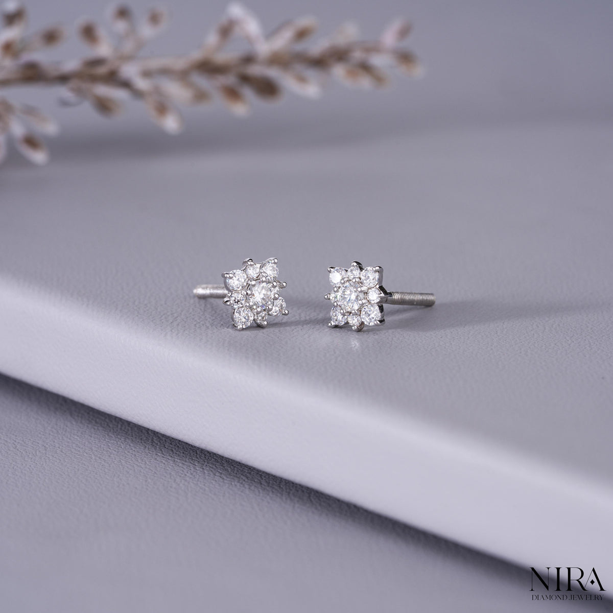 Moissanite Halo Floral Stud Earrings Dainty Wedding Jewelry - Close-Up Prong Setting | NIRA Diamond Jewelry