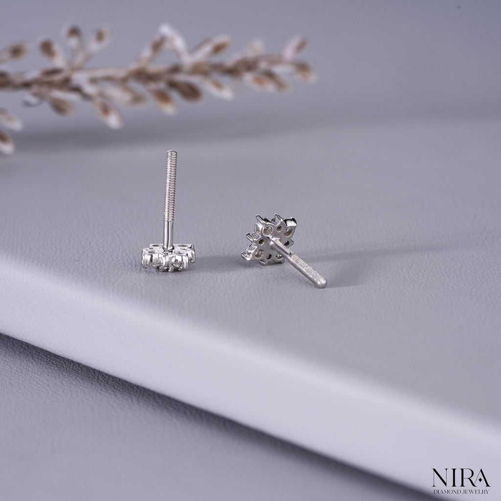 Moissanite Halo Floral Stud Earrings Dainty Wedding Jewelry - Lobe & Cartilage Stacking View | NIRA Diamond Jewelry
