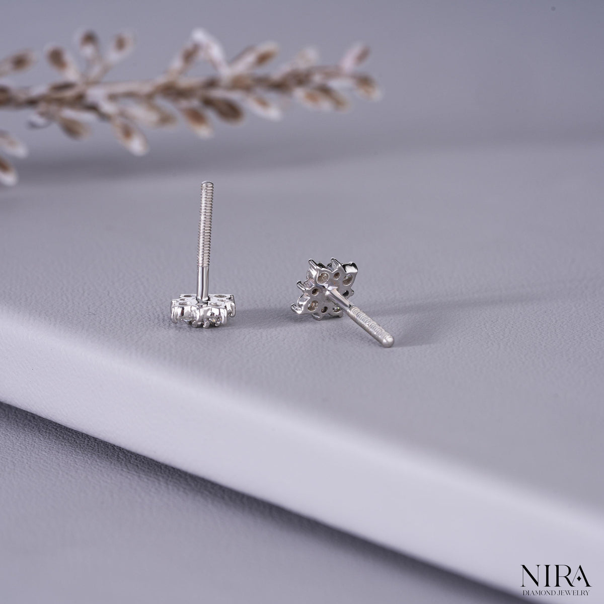 Moissanite Halo Floral Stud Earrings Dainty Wedding Jewelry - Lobe & Cartilage Stacking View | NIRA Diamond Jewelry