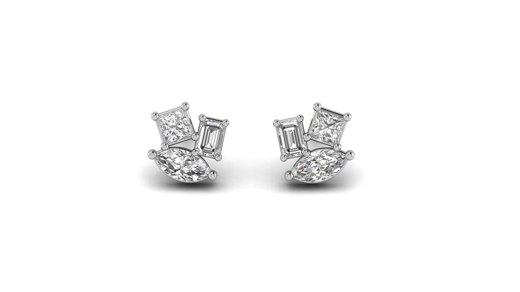 Marquise & Emerald Cut Moissanite Cluster Stud Earrings | 925 Silver or Solid Gold - Precious Metal Texture | NIRA Diamond Jewelry