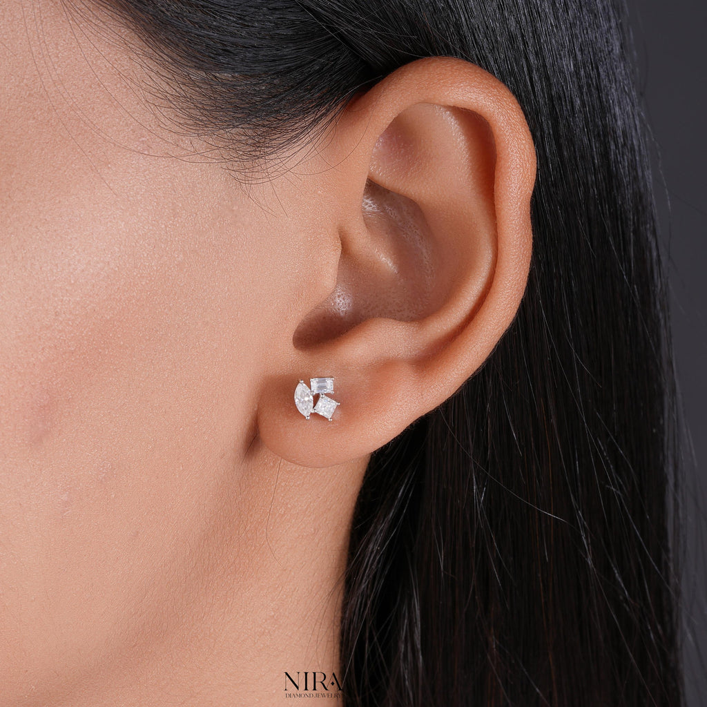 Marquise & Emerald Cut Moissanite Cluster Stud Earrings | 925 Silver or Solid Gold - Side Profile & Clasp Detail | NIRA Diamond Jewelry