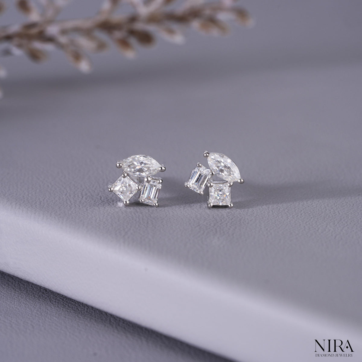 Marquise & Emerald Cut Moissanite Cluster Stud Earrings | 925 Silver or Solid Gold - Pair Front View | NIRA Diamond Jewelry