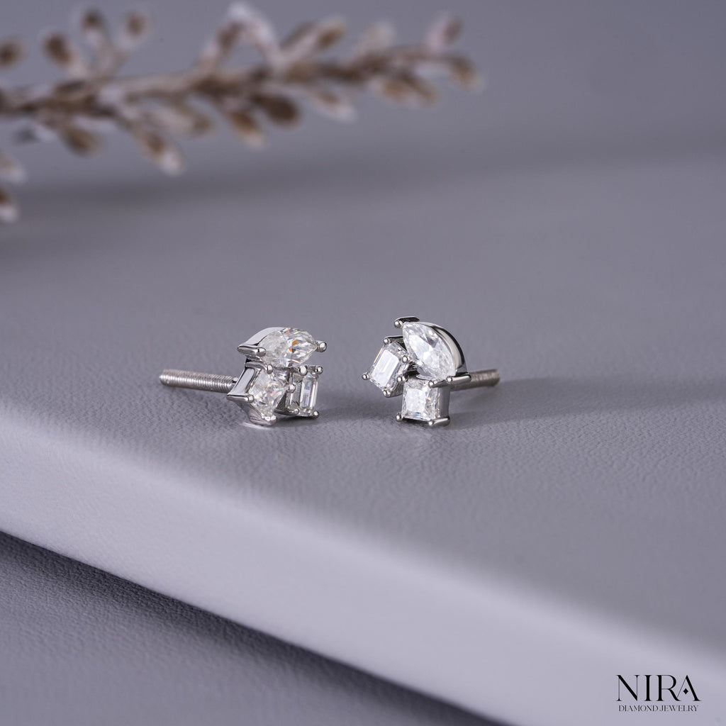 Marquise & Emerald Cut Moissanite Cluster Stud Earrings | 925 Silver or Solid Gold - Close-Up Prong Setting | NIRA Diamond Jewelry