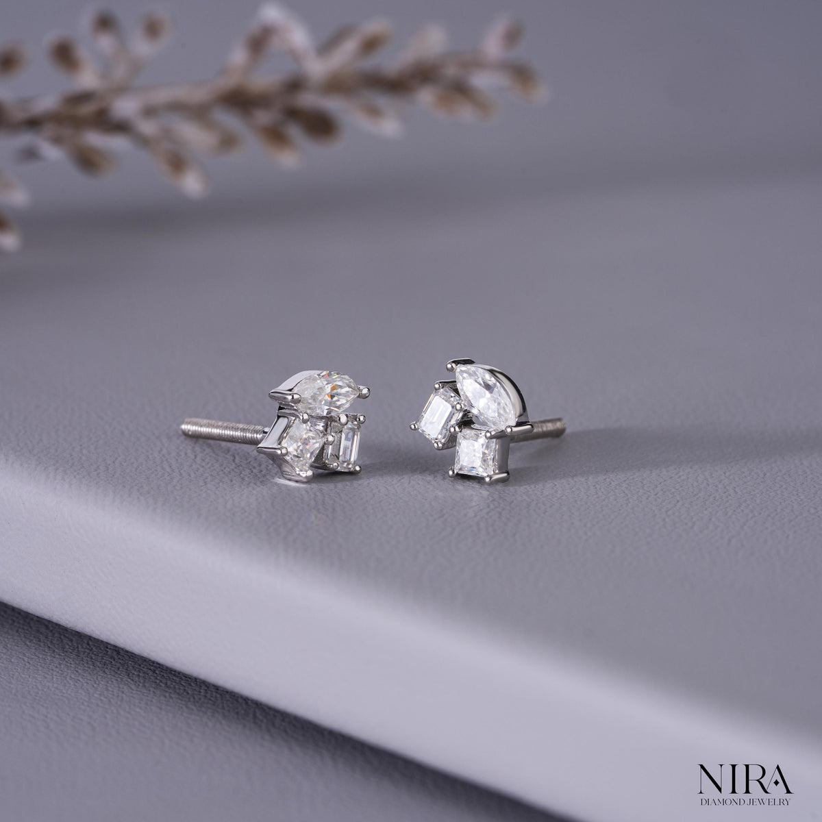 Marquise & Emerald Cut Moissanite Cluster Stud Earrings | 925 Silver or Solid Gold - Close-Up Prong Setting | NIRA Diamond Jewelry