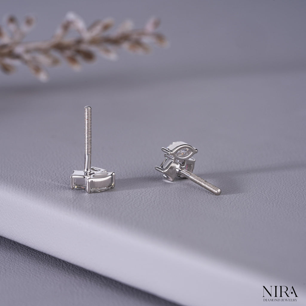 Marquise & Emerald Cut Moissanite Cluster Stud Earrings | 925 Silver or Solid Gold - Lobe & Cartilage Stacking View | NIRA Diamond Jewelry