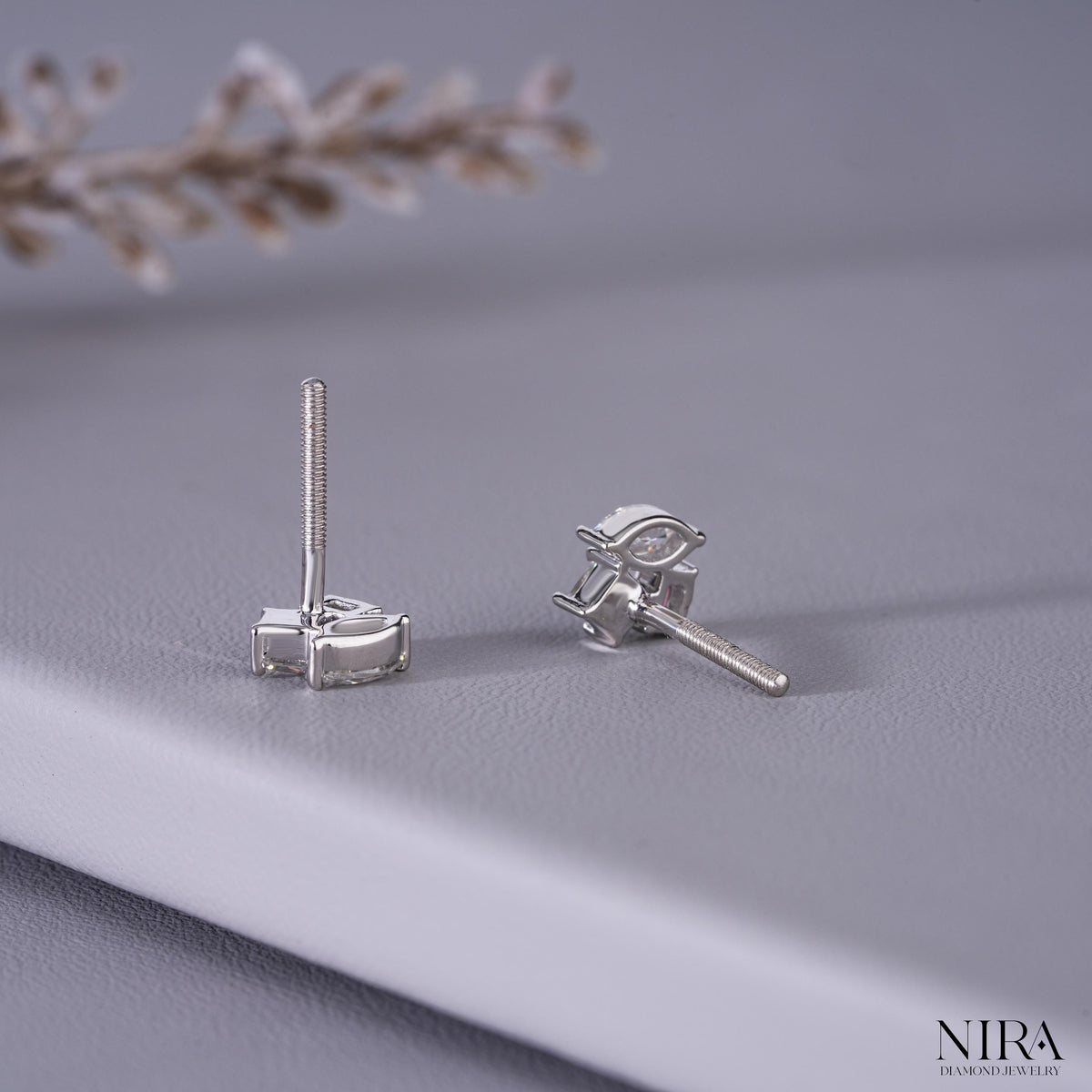 Marquise & Emerald Cut Moissanite Cluster Stud Earrings | 925 Silver or Solid Gold - Lobe & Cartilage Stacking View | NIRA Diamond Jewelry