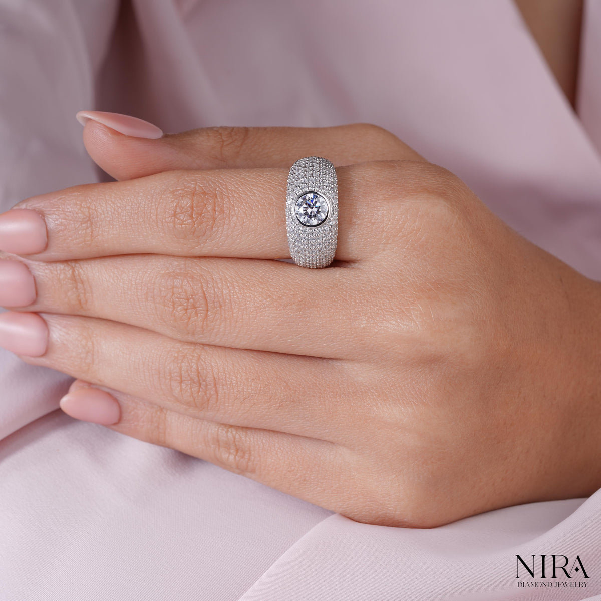 Round Moissanite Pave Statement Mens Wedding Band Statement Ring - Side Profile Detail | NIRA Diamond Jewelry