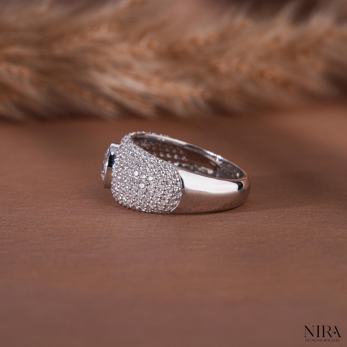 Round Moissanite Pave Statement Mens Wedding Band Statement Ring - Close-Up Prong & Stone Setting | NIRA Diamond Jewelry