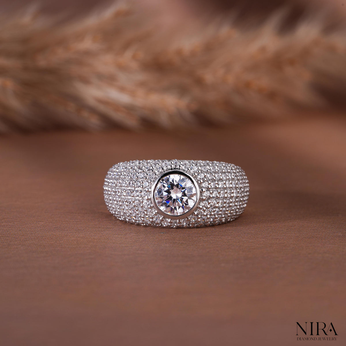 Round Moissanite Pave Statement Mens Wedding Band Statement Ring - Front Angle View | NIRA Diamond Jewelry
