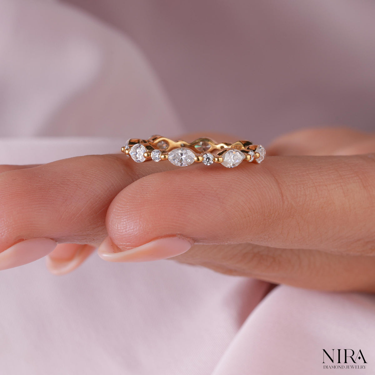 Round Marquise Moissanite Minimalist Wedding Band Anniversary Ring - Side Profile Detail | NIRA Diamond Jewelry