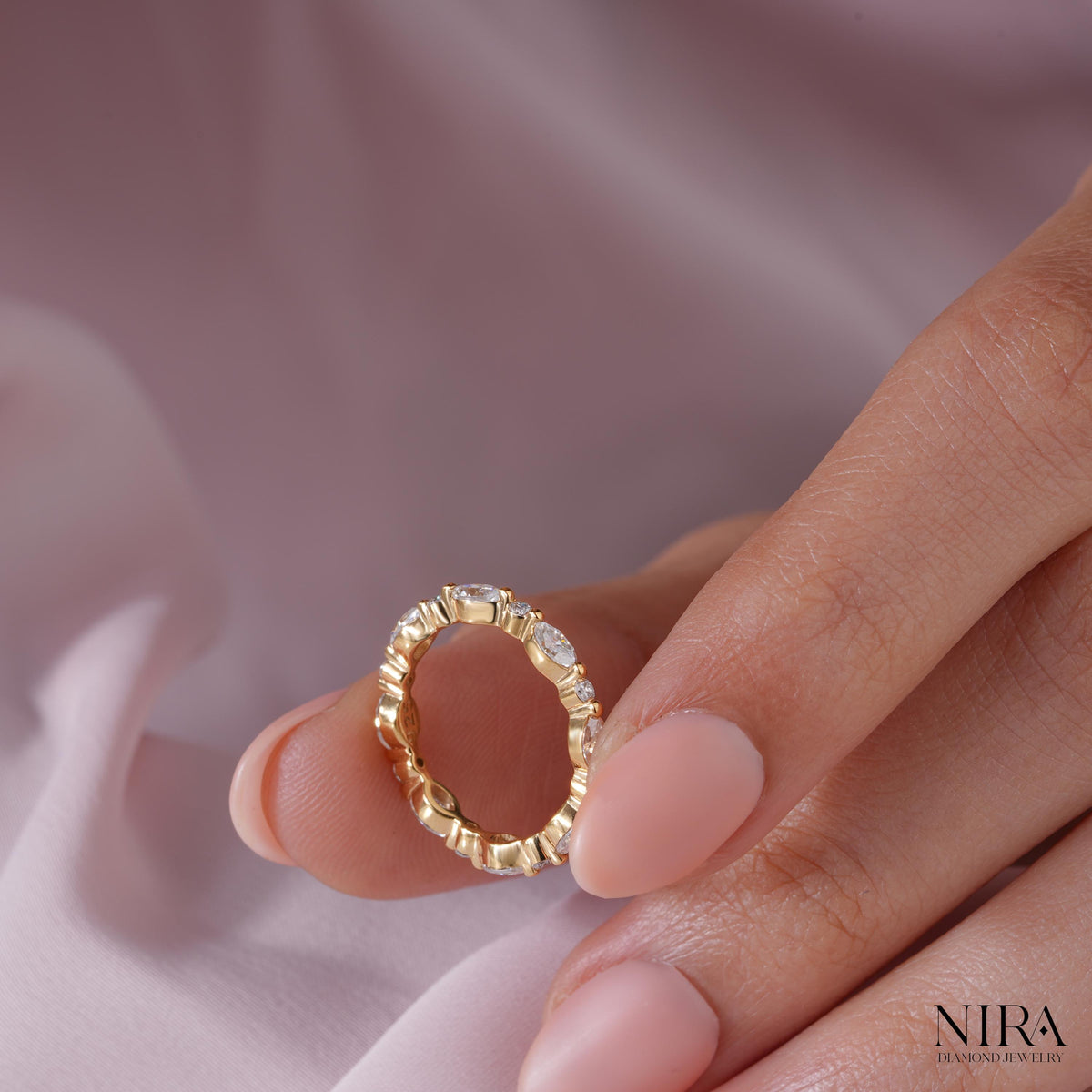 Round Marquise Moissanite Minimalist Wedding Band Anniversary Ring - Stacking Ring Combination | NIRA Diamond Jewelry