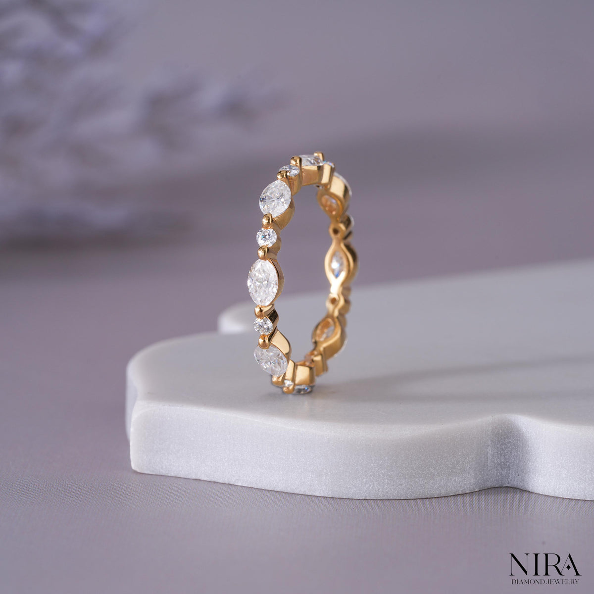 Round Marquise Moissanite Minimalist Wedding Band Anniversary Ring - Front Angle View | NIRA Diamond Jewelry