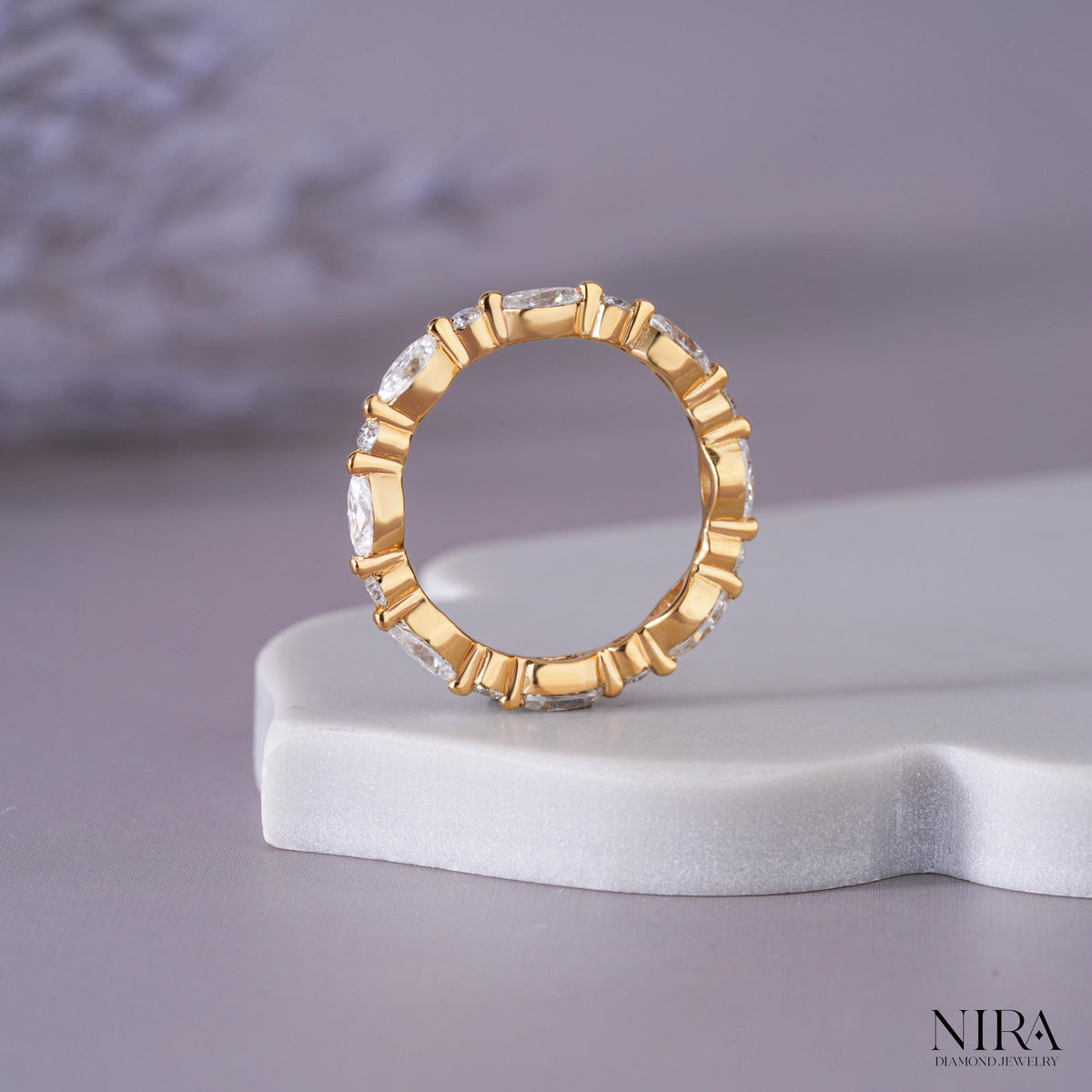 Round Marquise Moissanite Minimalist Wedding Band Anniversary Ring - Close-Up Prong & Stone Setting | NIRA Diamond Jewelry