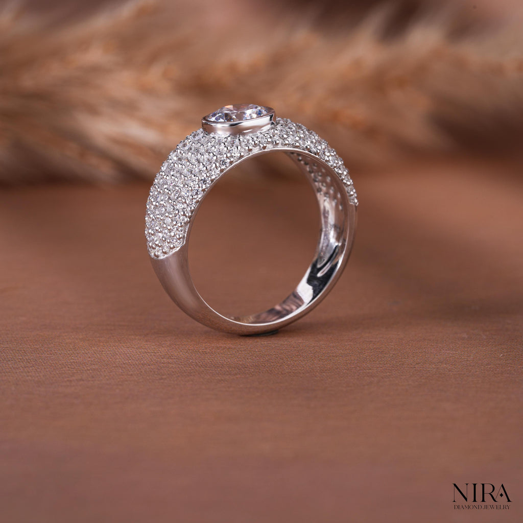 Round Moissanite Pave Statement Mens Wedding Band Statement Ring - On-Hand Lifestyle Model Shot | NIRA Diamond Jewelry