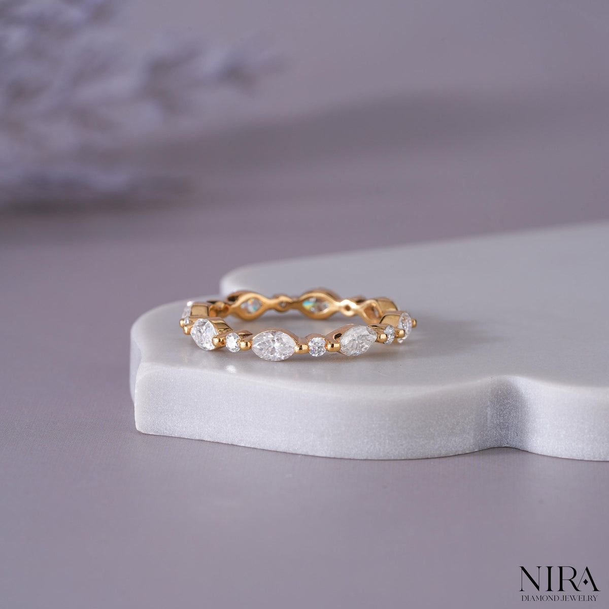 Round Marquise Moissanite Minimalist Wedding Band Anniversary Ring - On-Hand Lifestyle Model Shot | NIRA Diamond Jewelry