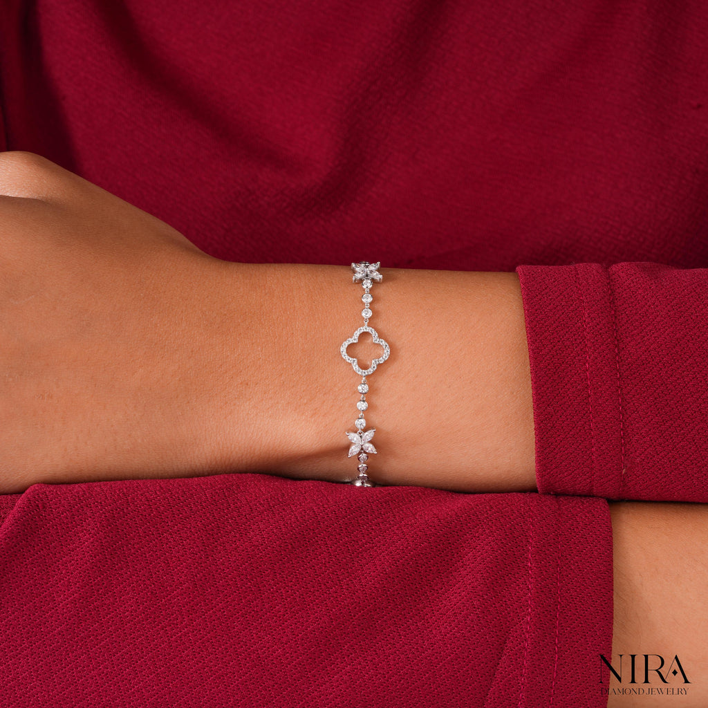 Marquise Moissanite Floral Leaf Bracelet Dainty Bracelet Gift - Detail & Stone Macro | NIRA Diamond Jewelry