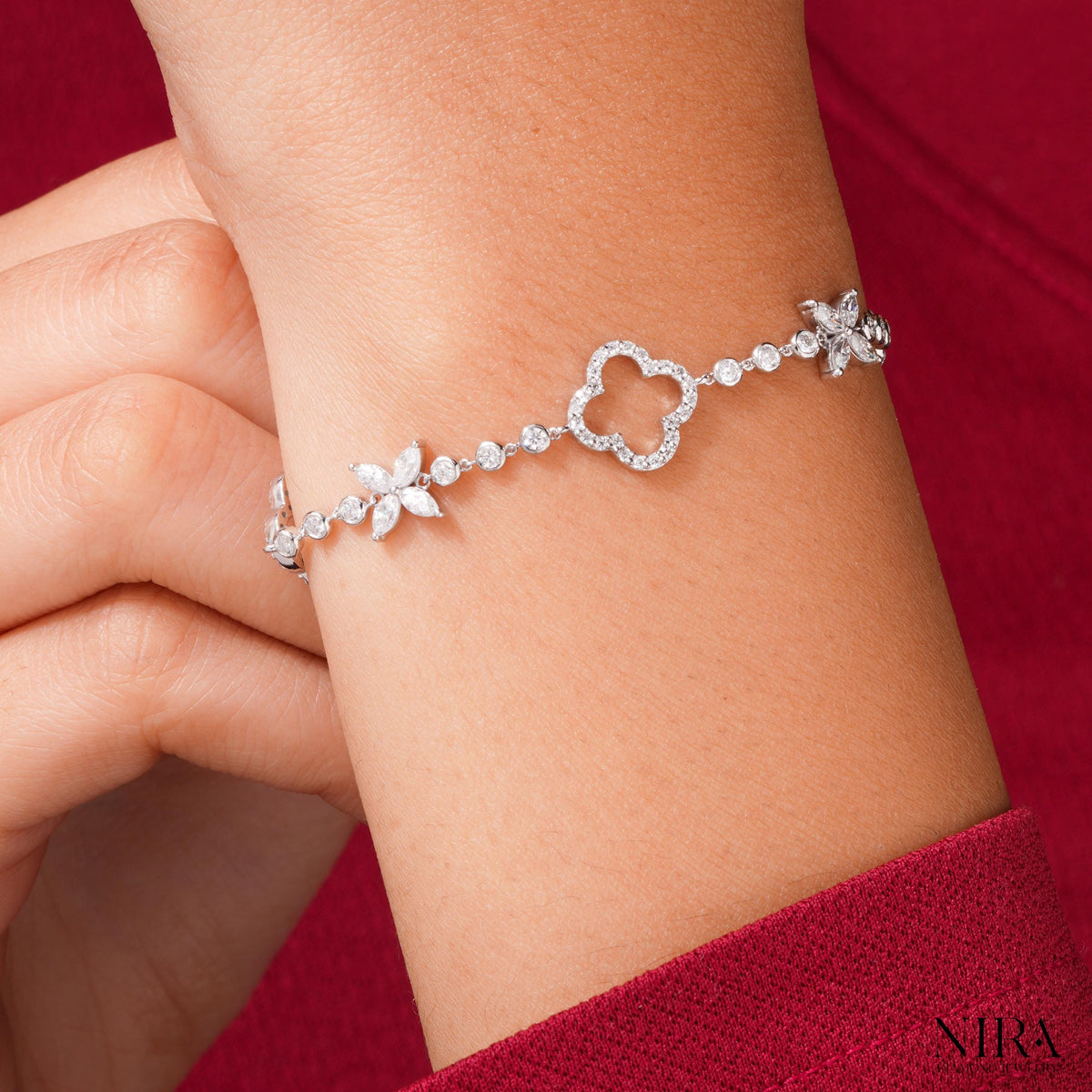 Marquise Moissanite Floral Leaf Bracelet Dainty Bracelet Gift - Angled Perspective | NIRA Diamond Jewelry