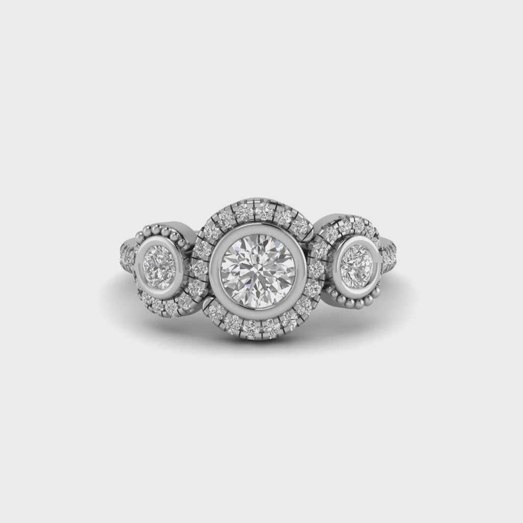 Round Moissanite Halo Three Stone Engagement Ring Anniversary Jewelry